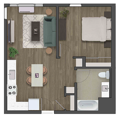Floor plan for 1 bed, 1 bath